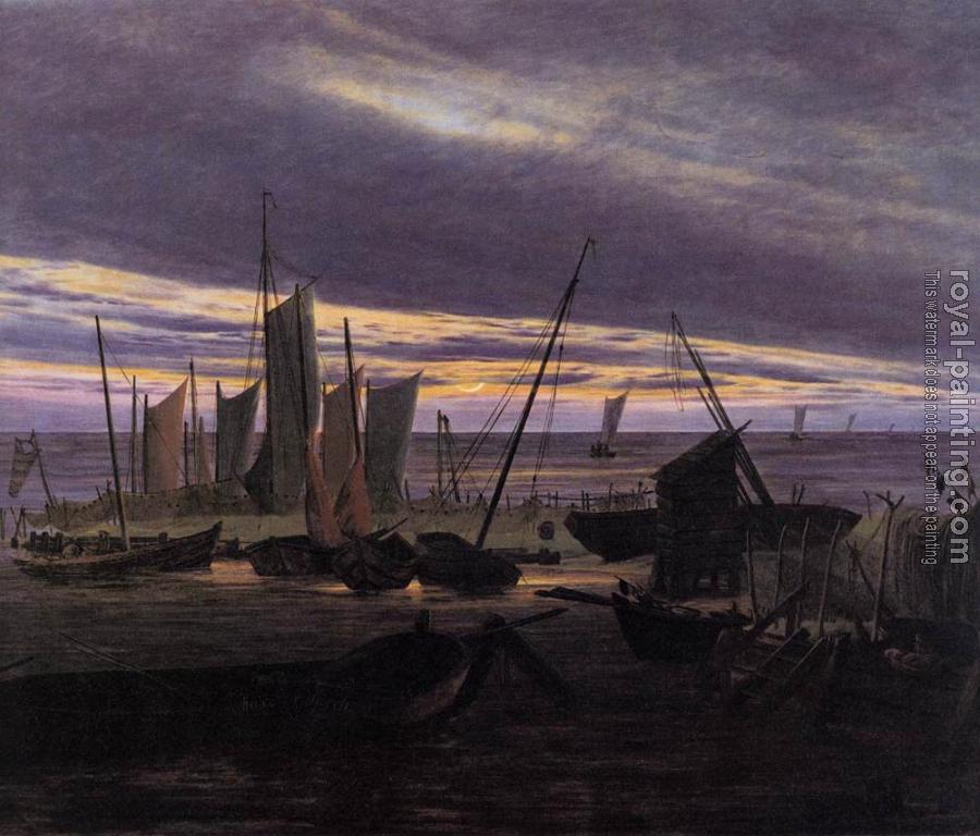 Caspar David Friedrich : Boats In The Harbour At Evening